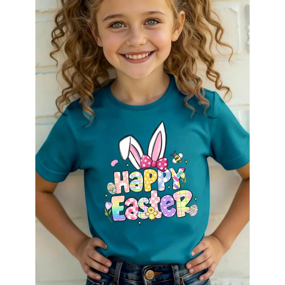 2026 Happy Easter T-Shirt for Girls Bunny Cute Rabbit Ear Letter Graphic Summer Tee Boys Girls Short Sleeve Children's Clothing