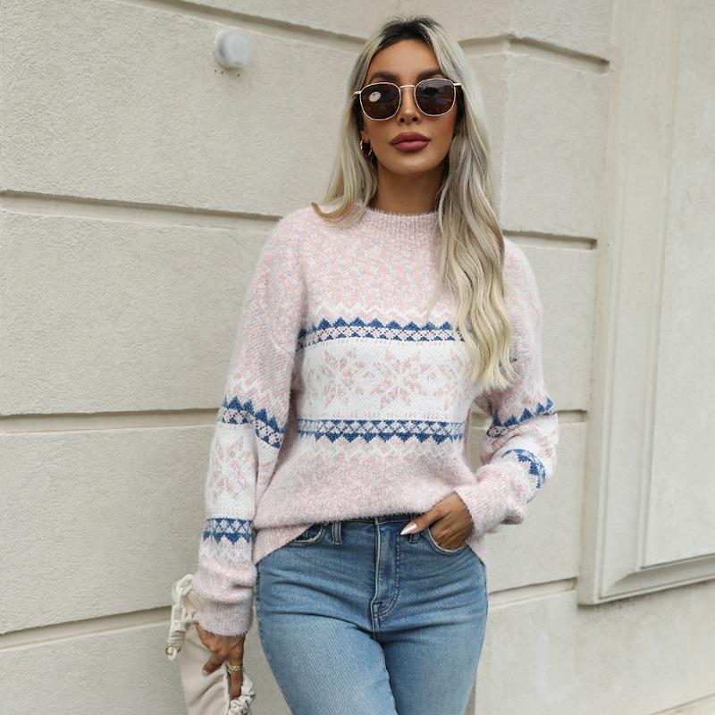 Chenille Christmas Knitted Sweater Autumn and Winter New Half Turtleneck Snowflake Sweater for Women S розовый