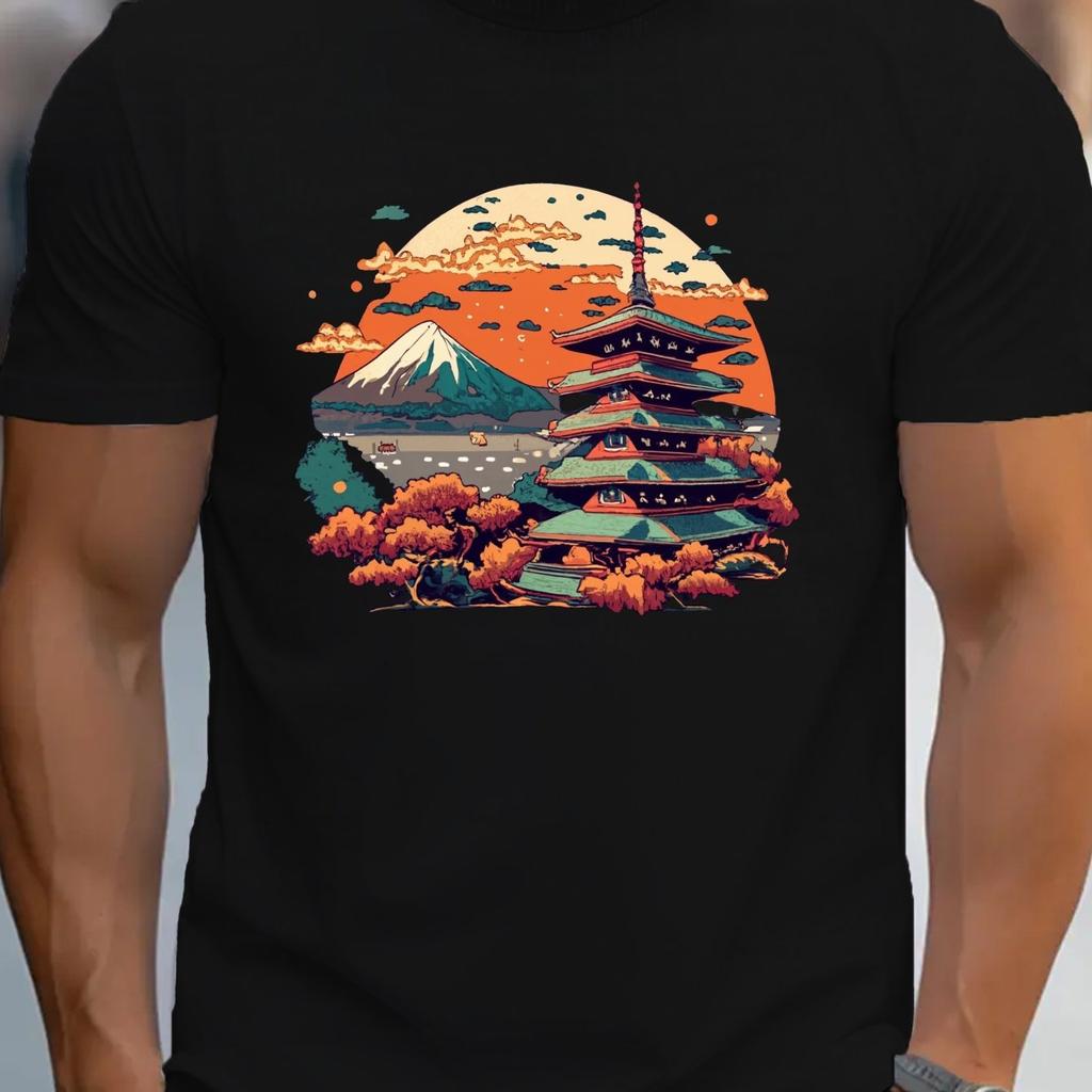 Japanese Pagoda Mount Fuji Print Mens Cotton Graphic Tee Casual Breathable Short Sleeve TShirt