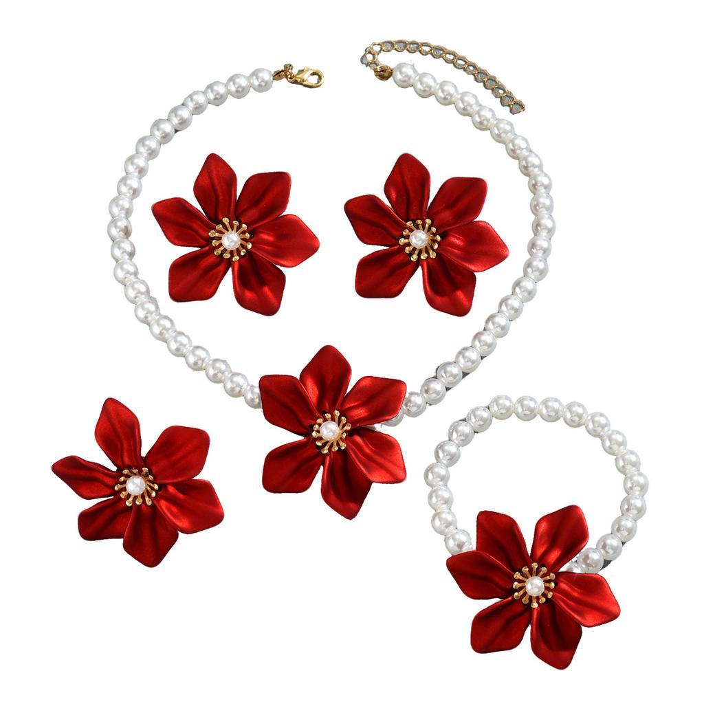 European and American Style Jewelry Exaggerated Red Flower Earrings Pearl Woven Bracelet Open Ring Jewelry Set Women