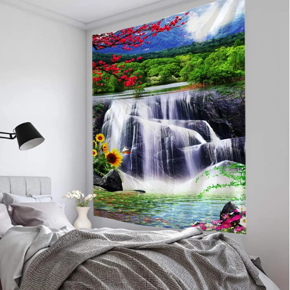 Beautiful Forest Waterfall Tapestry Natural Landscape, Wall Mounted, Background Cloth, Home Living Room Bedroom Wall Decoration