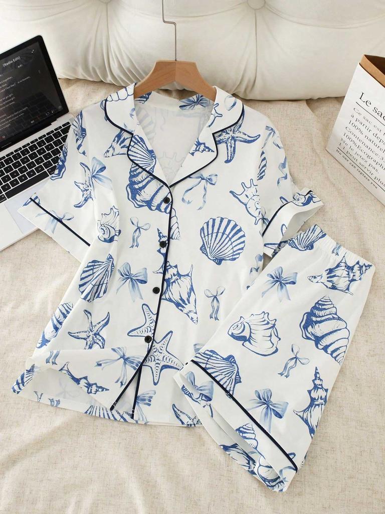 Pyjama-Set für Teenager-Mädchen Meeresmuschel-Print Hemd mit Kragen und Knöpfen Kurzarm & Shorts Sommer Loungewear Pyjamas für Mädchen 12-16 Jahre