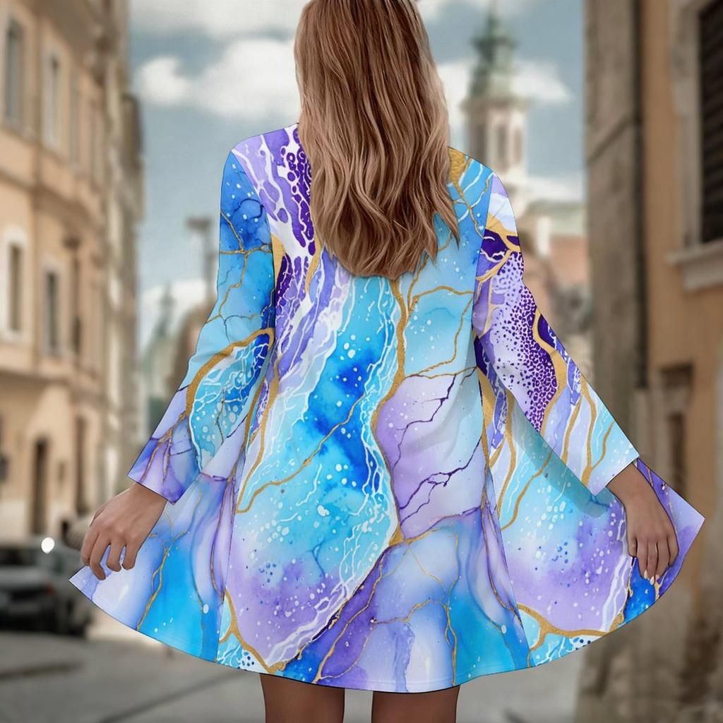 Women's Watercolor Fluid 3D Print Long Sleeve Open Front Cardigan, Casual Loose Fit Lightweight Street Style Outerwear