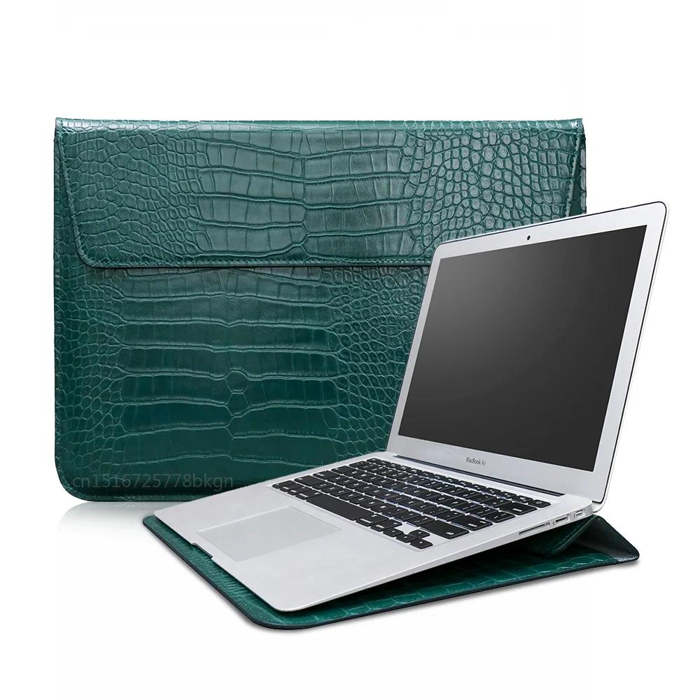 Étui Housse à Rabat en Cuir de Crocodile Sac Manchon pour Ordinateur Portable Macbook Air 13 14 15 16 Pouces Puce M5 M4 M3 M2 Housse Mac Book Pro Accessoires 15-16.2 inch vert