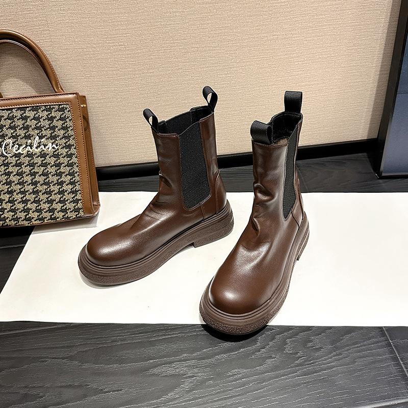 Stuiole pleated boots women's British platform mid boots autumn and winter cigarette boots