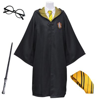 Harry Potter 4 Parçalı Tam Kostüm Seti (Cübbe, Gözlük, Kravat ve Sihirli Değnek), Unisex, Beden M, Hufflepuff, Sarı