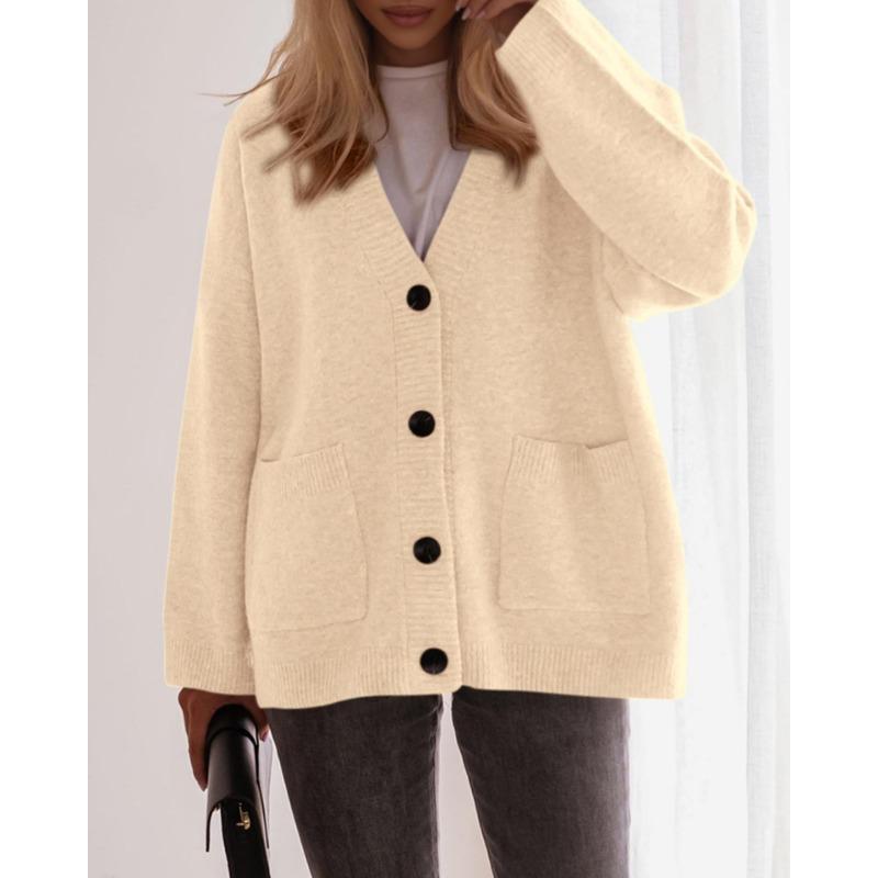 Women Solid Color V Neck Button Up Loose Long Sleeve Knit Cardigan Sweater Coat