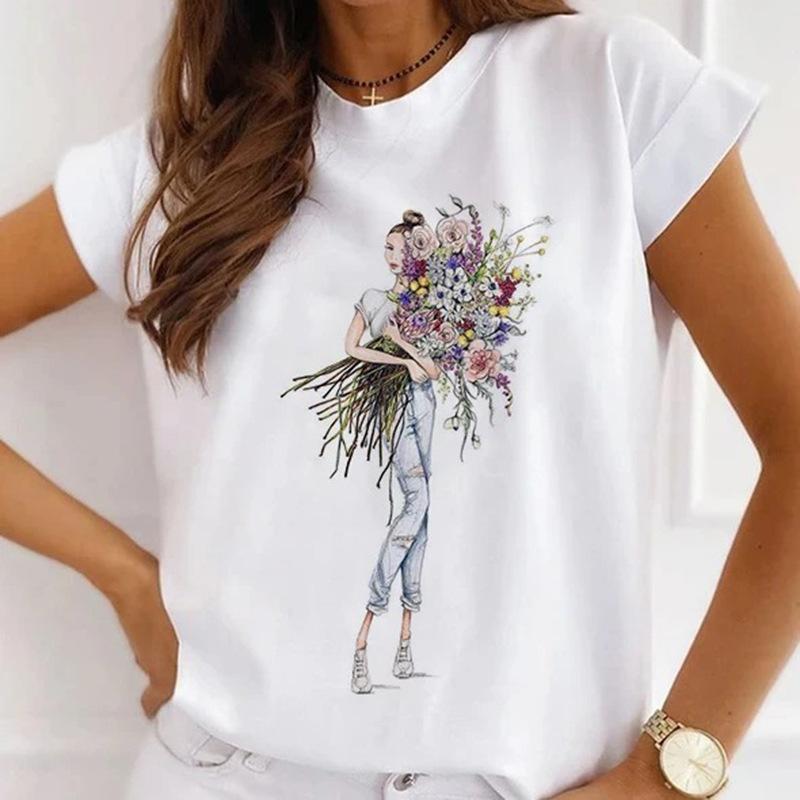 Módní kreativní 3D Rose Flower Grafika Dámské Tričko Letní halenka 90S Volný Trička s krátkým rukávem Bílý výstřih do O Dámské topy Oblečení