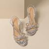 2025 Spring New High-heeled Sandals Women's Round Head Rhinestone Thin Heel 8cm Commuter Celebrity Microfiber Bottom Silver Spring Batch