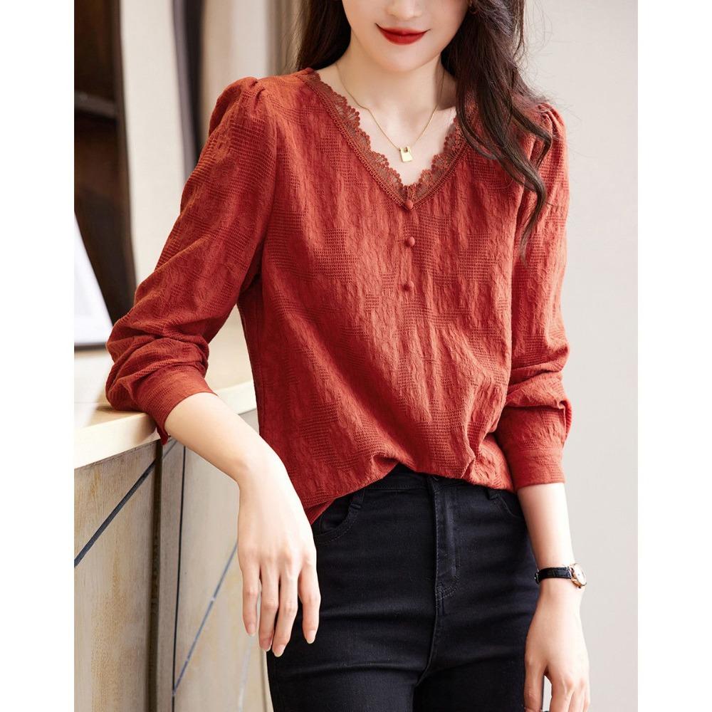 Elegante Blusa Primaverile Donna Retro Scollo a V Manica Lunga Legatura in Vita Rosso Cinese Camicia Sottile