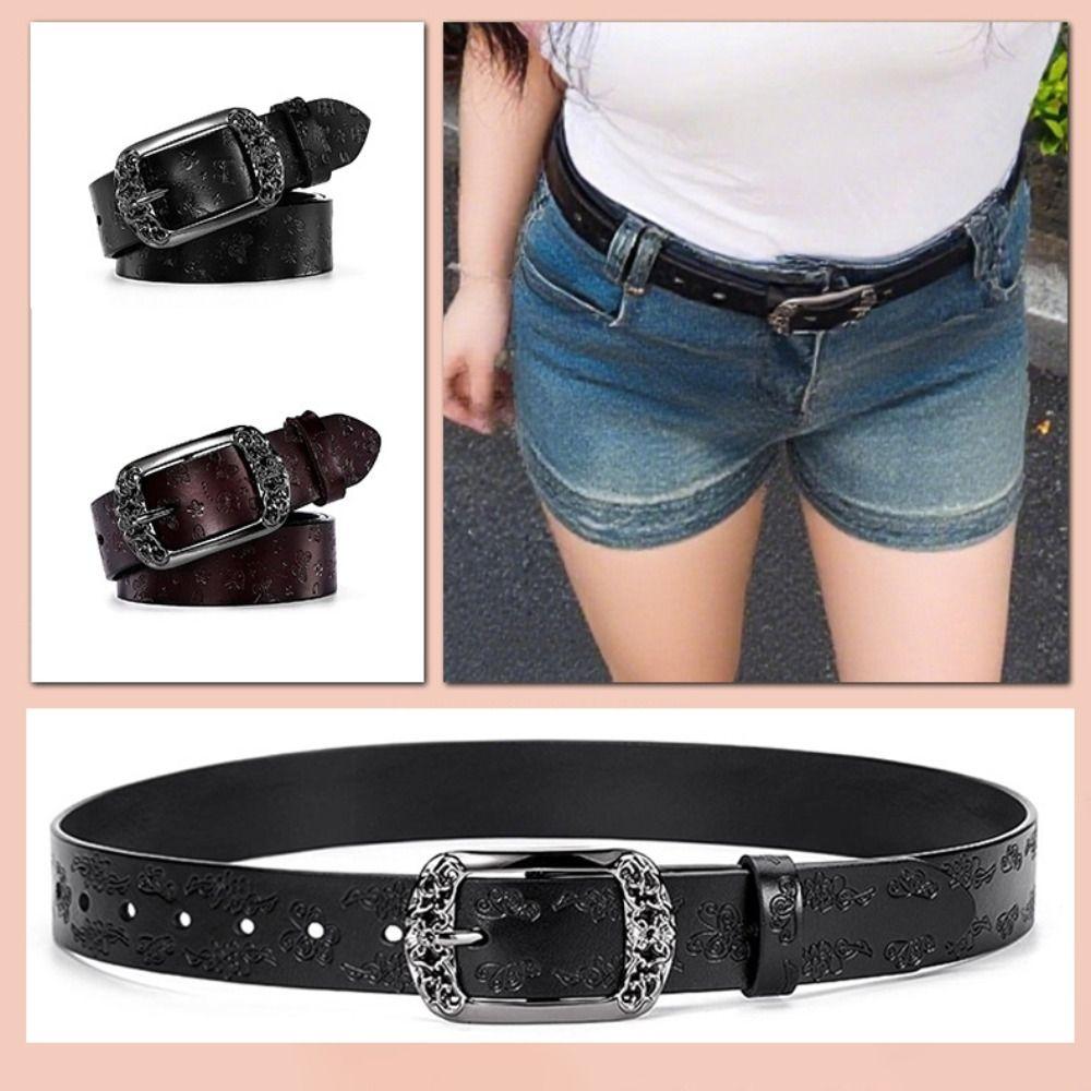 Alloy Pin Buckle Carved Waist Belt Harajuku Punk Waistband Fashion PU Leather Belt  For Women