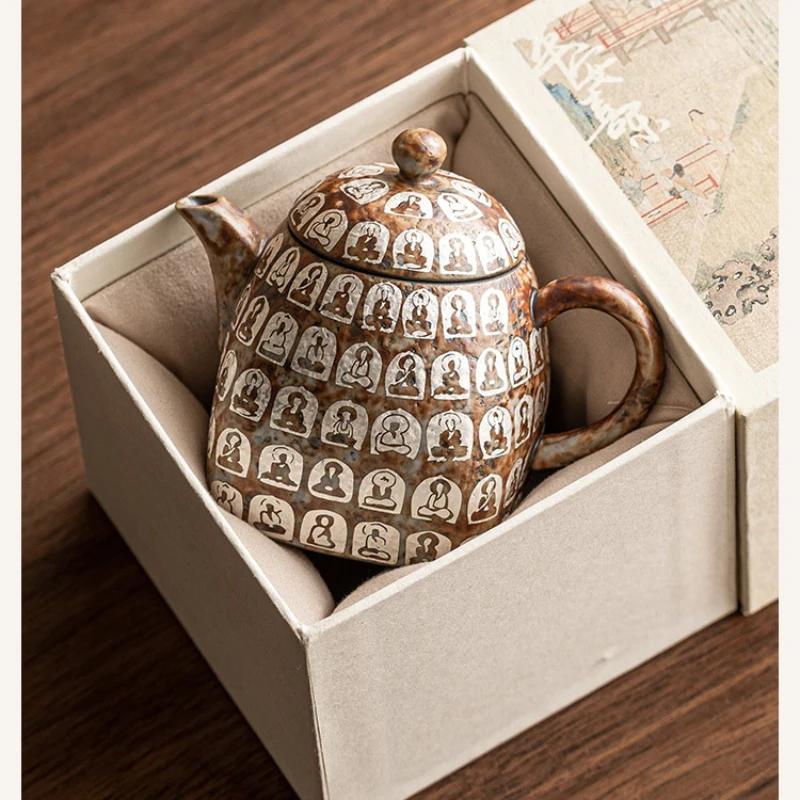 Gold Plated Wanfo Square Teapot, Chinese Retro Tea Set, Household Small Teapot, Ceramic Kung Fu Teapot, Single Item Tea Set