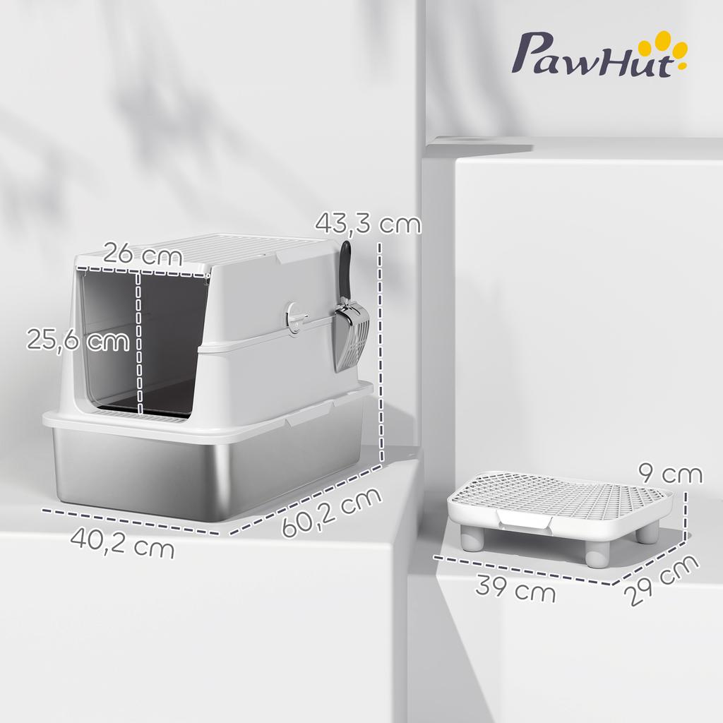 Cat Litter Box, Stainless Steel, XL Interior, with Scoop, Light Gray