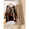 Geometric Pattern Print Two Piece Outfit Women Long Sleeve Irregular Hem Tunic Top Wide Leg Pants Casual Matching Set