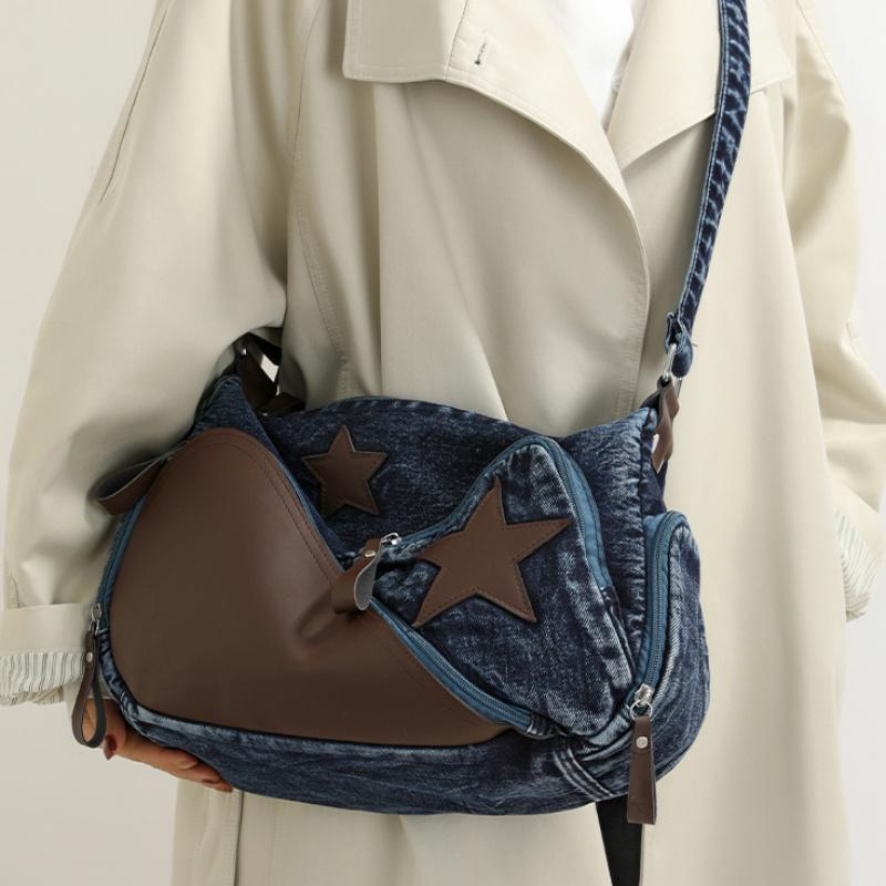 Women'S Shoulder Bag Ladies Large Capacity Denim Shoulder Crossbody Bag Leisure Commuting Handbag Star Tote Bag