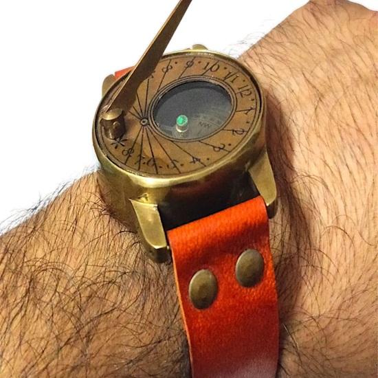 Steampunk mässingsarmbandsur med solur, Samlarobjekt nautiskt kompass, Julklapp för män