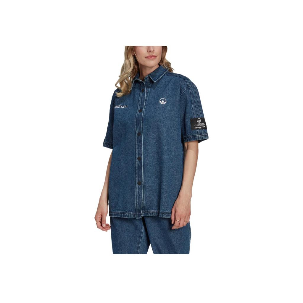 Adidas Originals FW22 Embroidered Logo Single-Breasted Denim Sports Short Sleeve Shirt Women Tops Blue HL9059