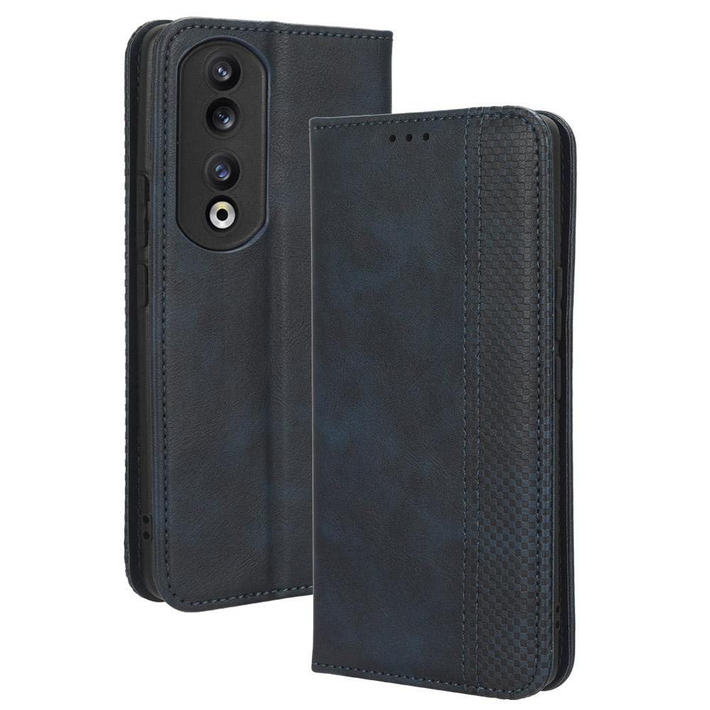 

For Honor 90 Magnetic Stand Wallet Phone Cover PU Leather Retro Phone Shell Case Blue