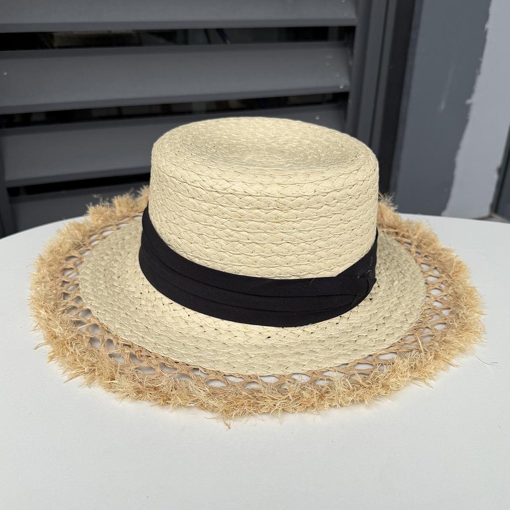 Old Money Wind French Straw Flat Top Top Hat Outdoor Holiday Beach Straw Hat Ladies Summer Travel Sun Hat