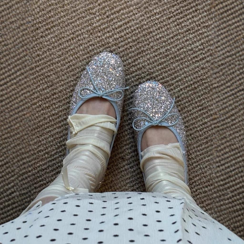 Sheepskin Version~ French Bow Silver Glitter Ballet Light Mouth Single Shoes Women's Versatile Round Head Mary Jane Flats