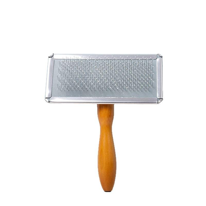 Pet Pin Brush with Wooden Handle - Stainless Steel Dog & Cat Comb for Detangling and Removing Loose Hair