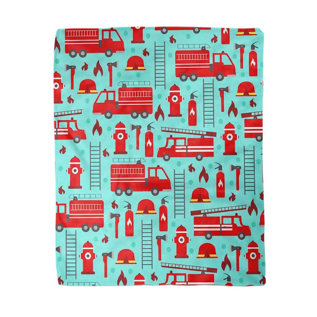 Red Cartoon Fire Truck Car Throw Blanket Fire Fighting Equipment Fire Extinguisher Flannel Blankets for Boys Girls Birthday Gift
