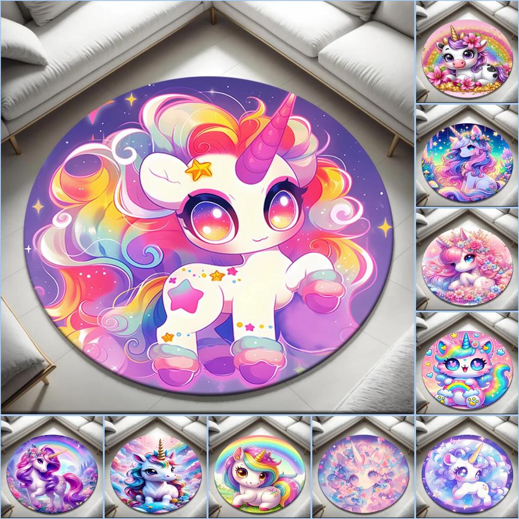 1pc Cartoon Cute Fantasy Unicorn Round Carpet Painted Printed Circular Carpet, Home Door Mat, Outdoor Travel Protection Carpet