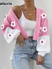 Vintage Knitted Overshirt, Solid Color Floral Element Knit Sweater