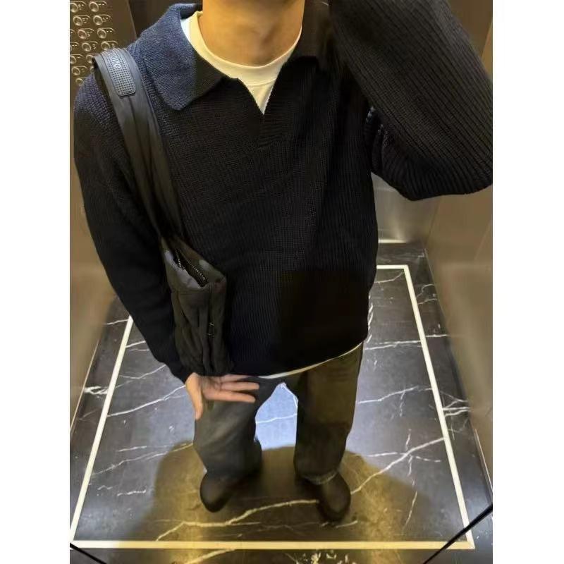 Мужской черный свитер-поло - Осенне-зимний ретро-вязаный пуловер с ощущением высокого качества M