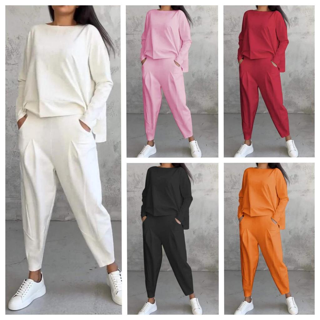 2025 Women's Solid Color Round Neck Long-Sleeve Suit with Pocket Pants