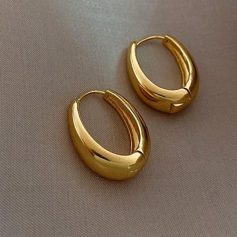 1pair Simple TearDrop Hoop Earrings, Chunky Gold Tone Water Droplet Earrings, U-Shaped Earrings, Oval Hoop Earrings Perfect Gift for Her