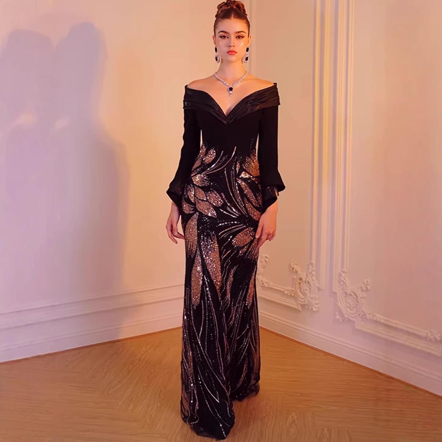 2026 Elegant Rhinestone Waist-Cinching Formal Dress - European & American Style XXL чёрный