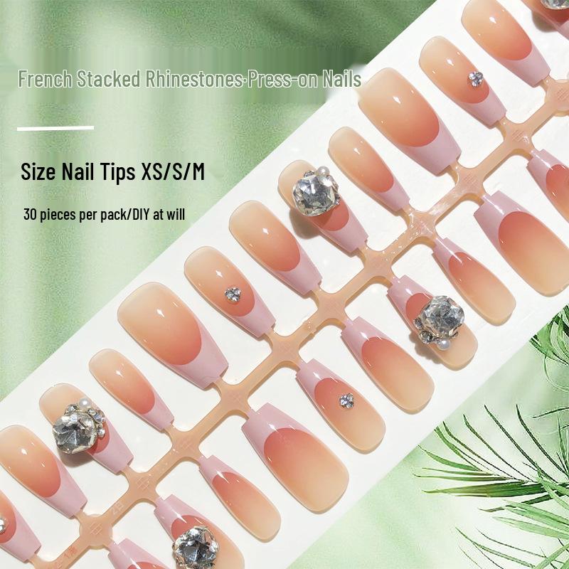 

Elegant French Rhinestone Long Nails: High-End Simple Pre-Made Nail Art