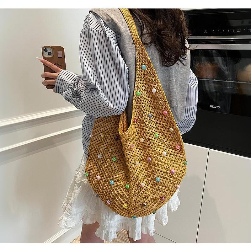 Hollow Out Single Shoulder Knitted Beach Bag Women's Colorful Large Capacity Tote for Seaside Holiday Pool Parties