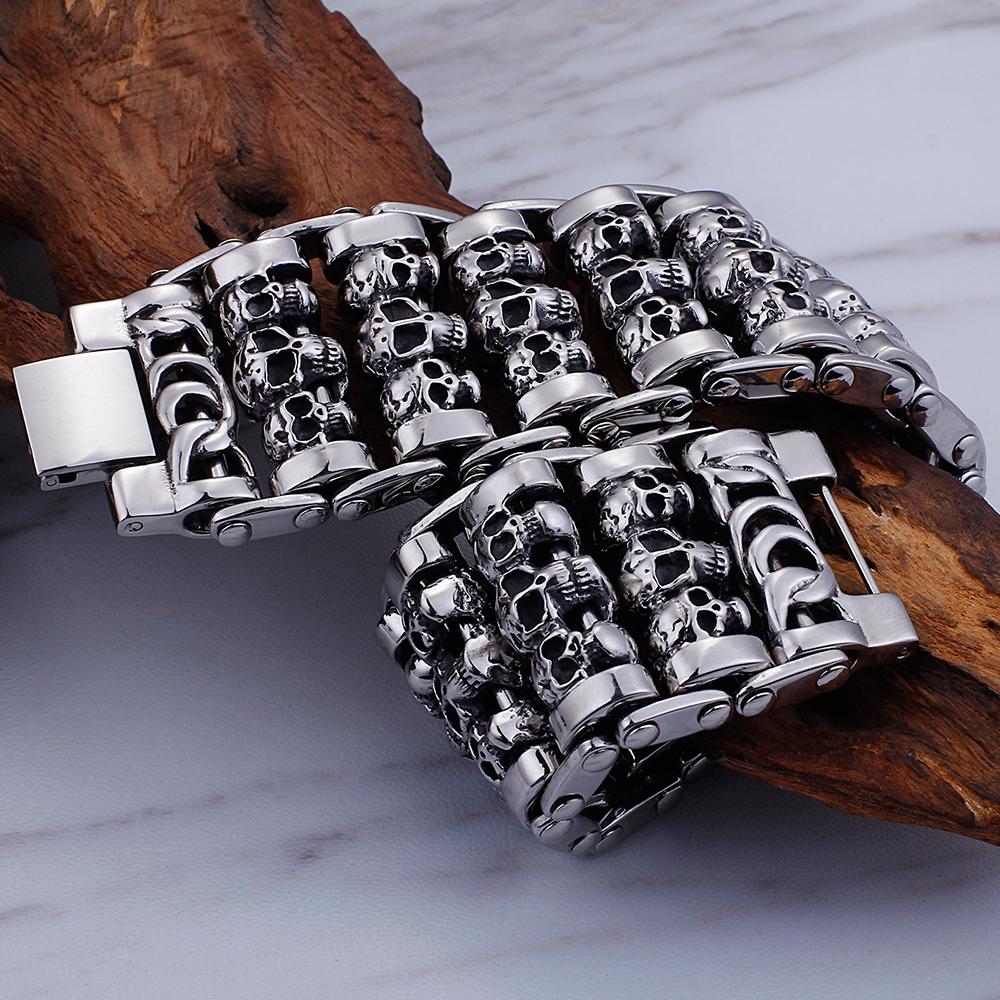 Gothic Herren Schädel Armband für Männer Massiv 316L Edelstahl 35MM Breite Punk Kette Armband Handschmuck Skelett Accessoires