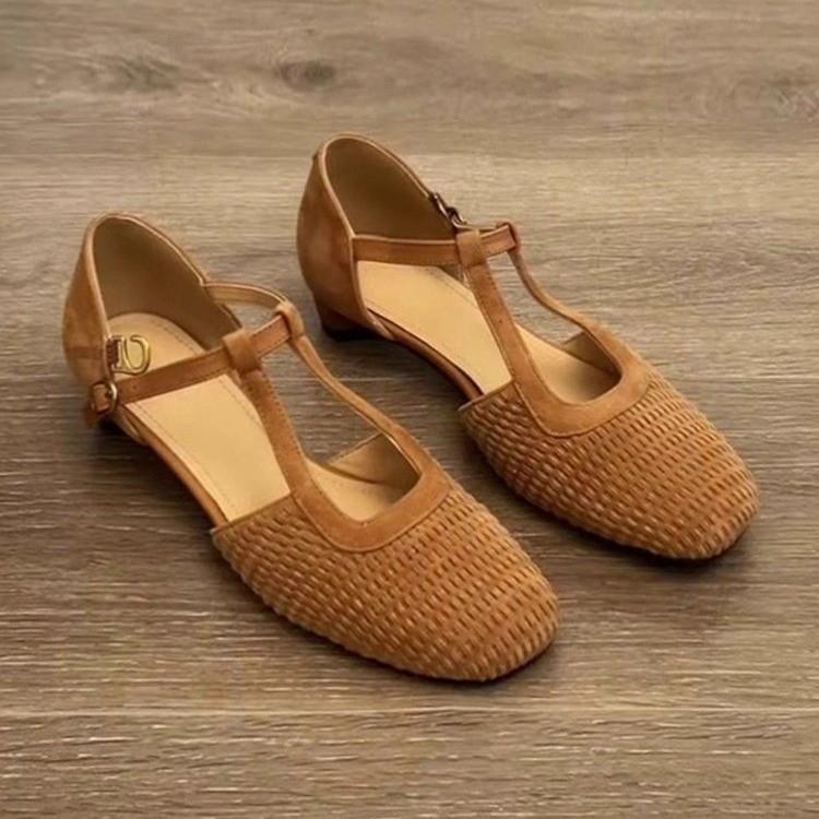 Fashion New Fashion Women's Hollow-out Cow Leather Narrow Band T-strap Flats Sandals Round Toe High Quality Casual Shoes Zapatos Mujer
