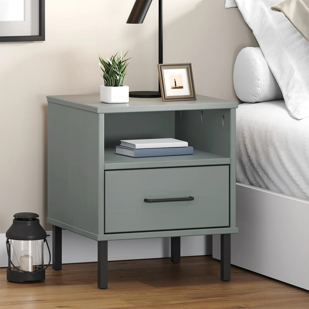 Oslo Nightstand with Metal Legs Grey Solid Pine Wood