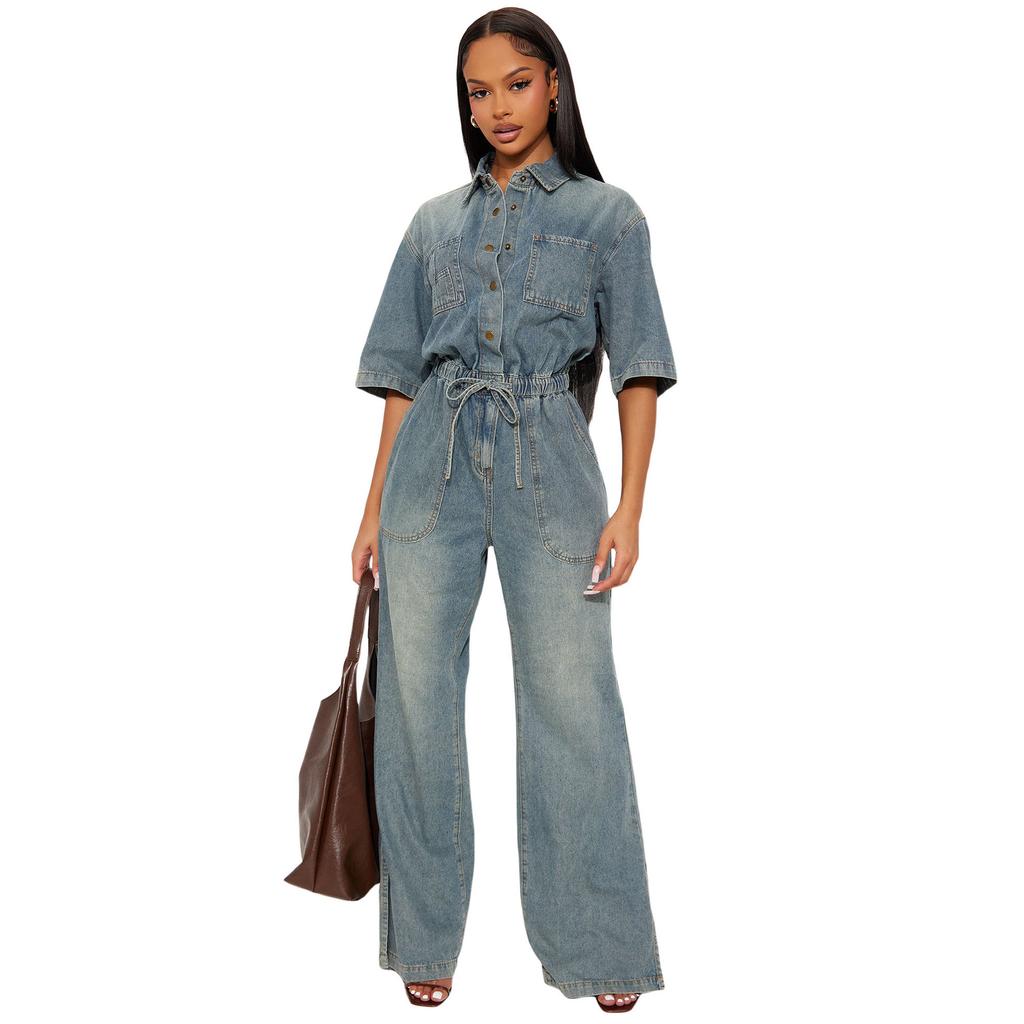 Women Denim Jumpsuit Lapel Collar Button Front Drawstring Waist Wide Leg Pockets Casual Loose Fit Romper