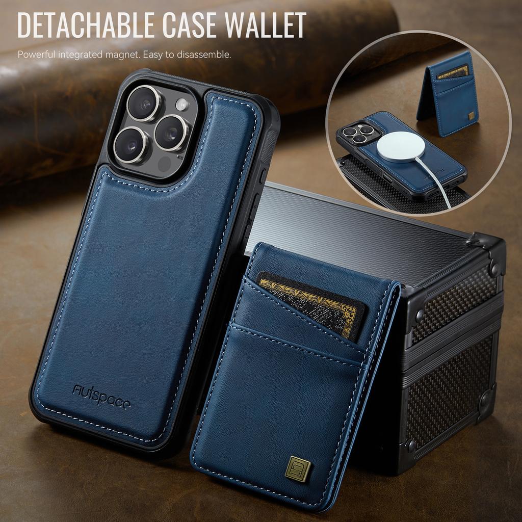 For iPhone 16 Pro Max Case AUTSPACE A12 Leather Back Cover with Magnetic Detachable Card Bag Kickstand