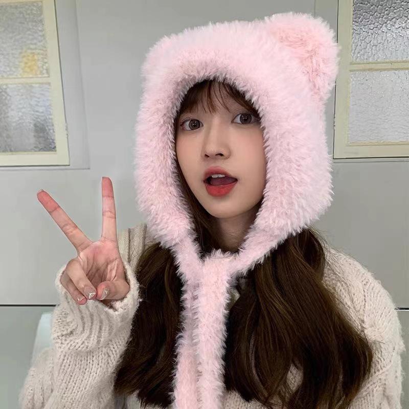 Winter Windproof Women's Knitted Hat with Ear Protection - Cute Bear Design