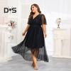 Plus Size Women Dress V-Neck Short Sleeve Elastic High Waist Flowy Hem Midi Dress Solid Color Casual Evening Dress