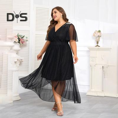 Plus Size Women Dress V-Neck Short Sleeve Elastic High Waist Flowy Hem Midi Dress Solid Color Casual Evening Dress