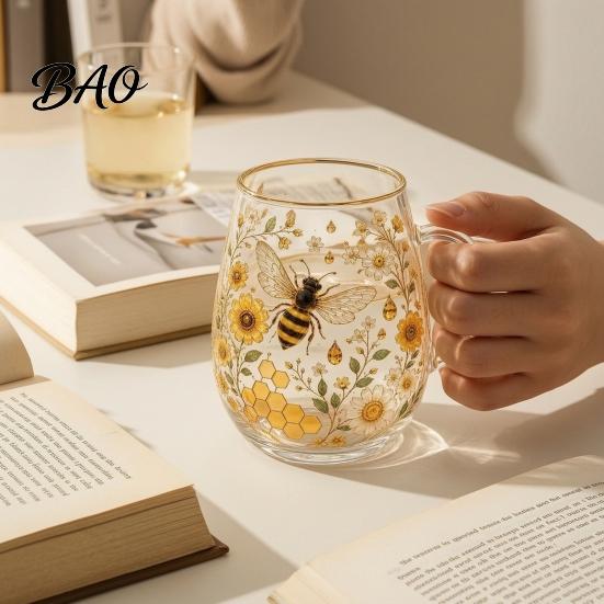 Zahradní styl Šálek na čaj Ranní skleněný pohár, Termoska se vzorem kolibříka a květin se zlatým okrajem, Skleněné nádobí s elegantním přírodním okrajem na kávu a džus