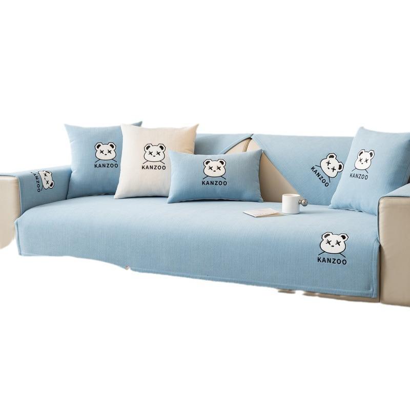 Tecknad Broderad Soffkudde för Alla Årstider, Halkfri Sittdyna och Ryggskydd, Enkelt Modernt Grått Chenille Sofföverdrag