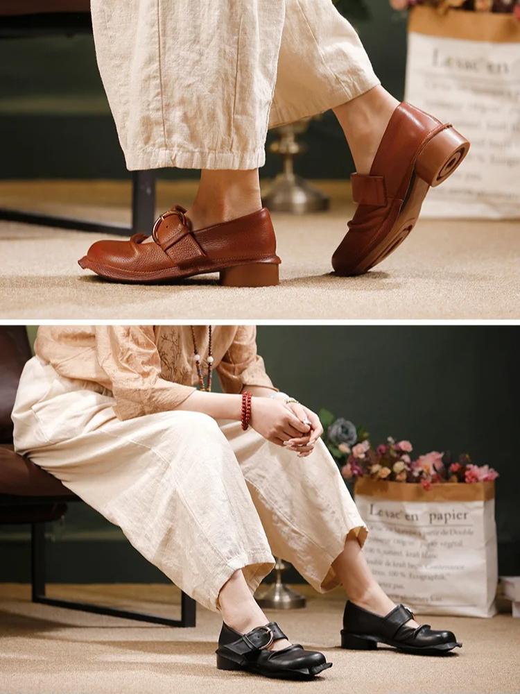 Johnature Retro Lace Thick Heeled Soft Soled Shoes Genuine Leather Women's Mid Heel Pumps