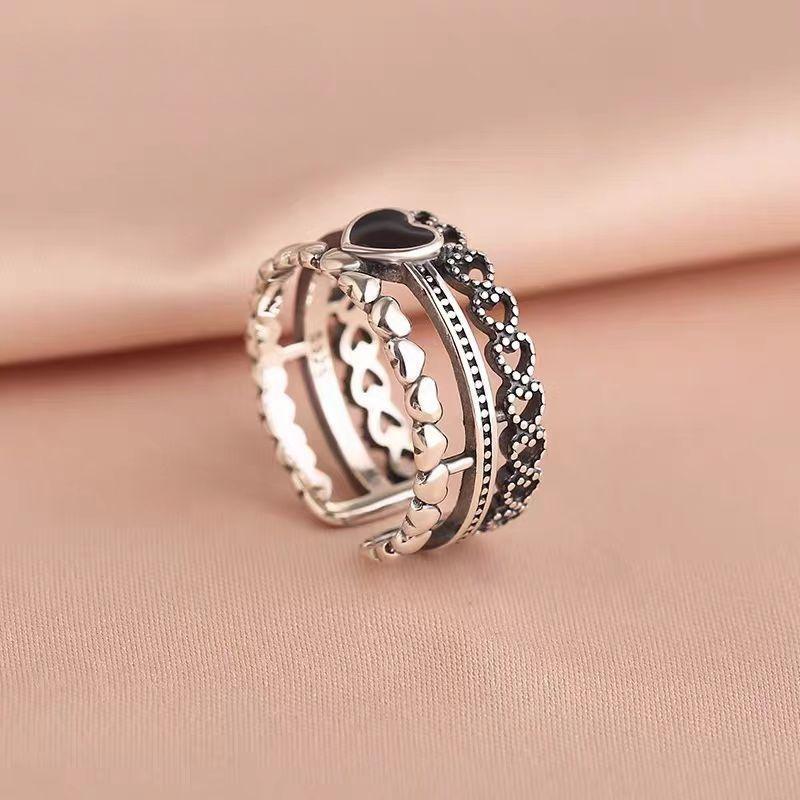 Retro Hollowed-Out Epoxy Love Zircon Multi-Layer Open Index Finger Ring Women'S Niche Design Light Luxury High-End Jewelry