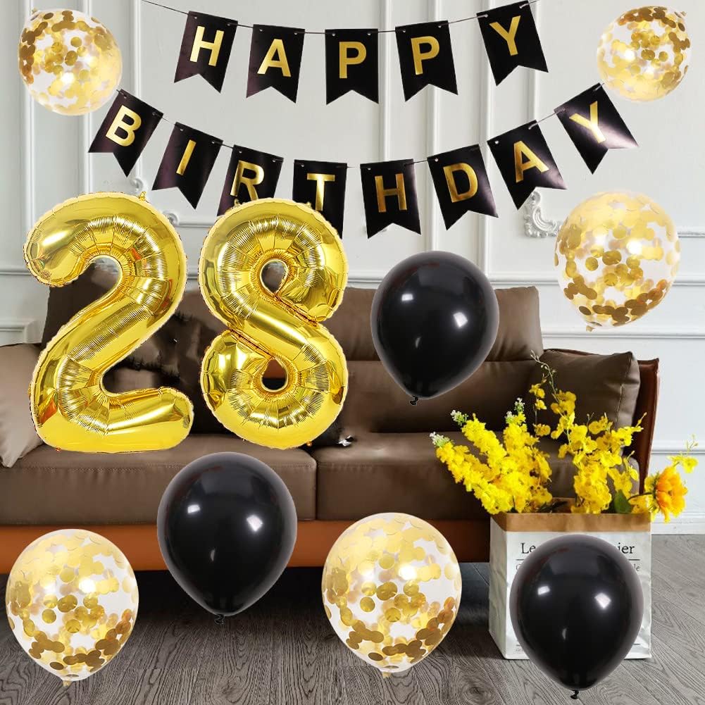 Chaungfu12 Birthday Party Supplies Gold Number 12 Foil Balloon Happy Birthday Banner Kit 12th Birthday Decoration Black Gold Latex Confetti Balloon