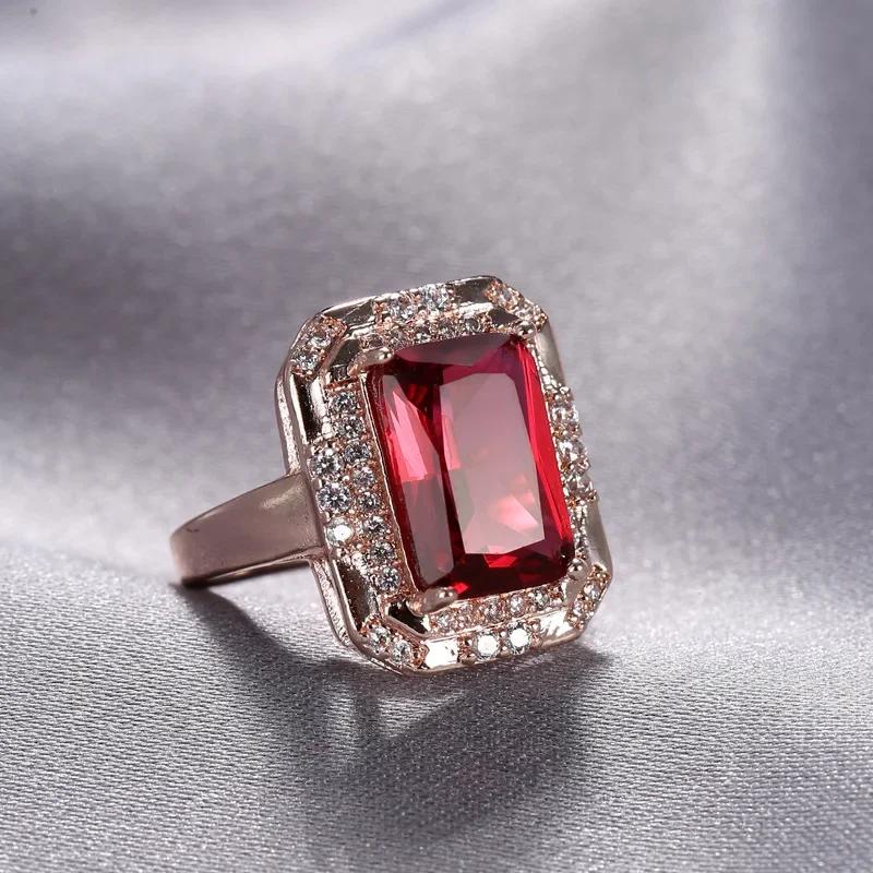 Classic Square Ring For Women 100% Natural Red Crystal Stone 1.3ct Real Rose Gold Color Wedding Engagement  Lady Gift
