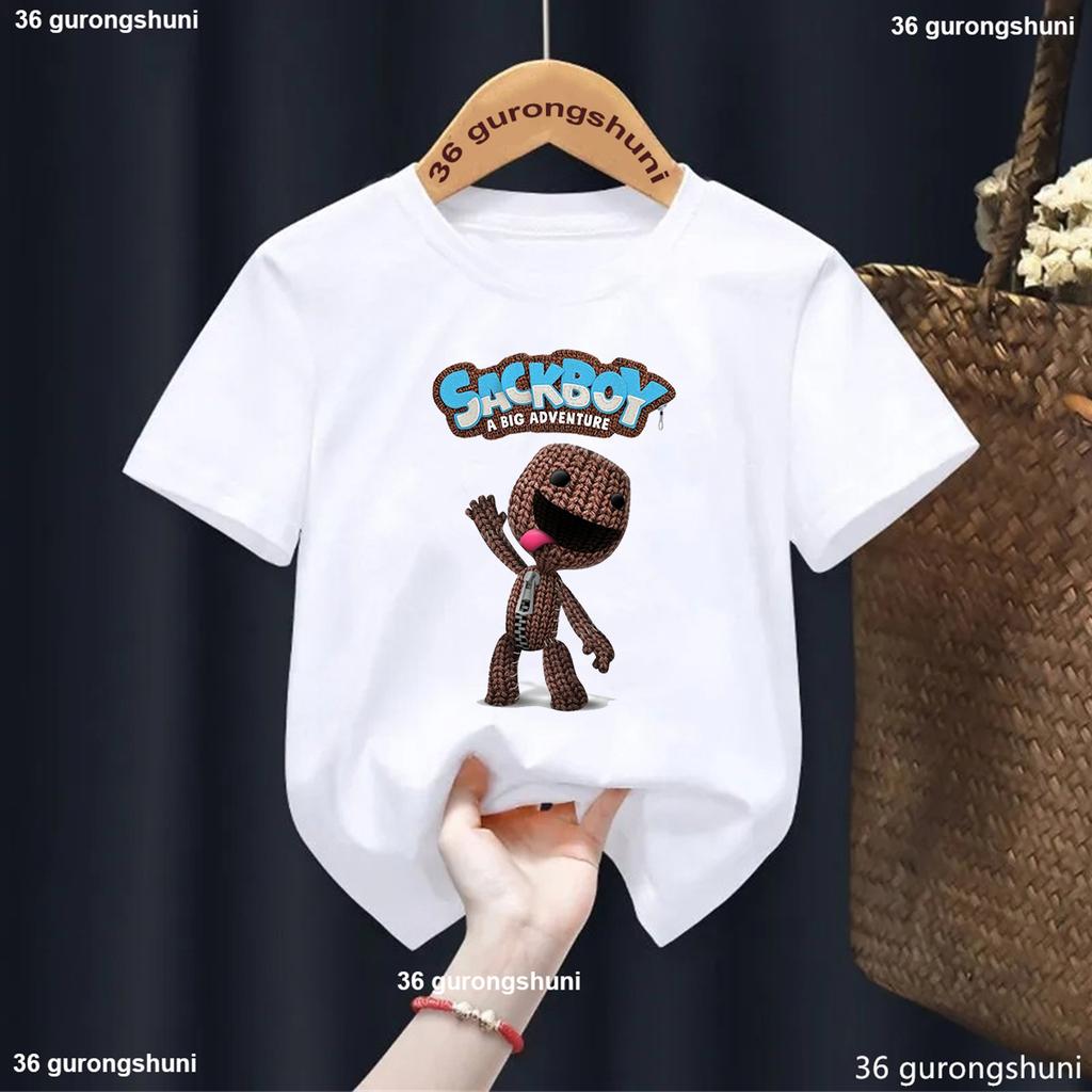 New Boys T-Shirt Funny Video Game Lbp Sackboy Cartoon Print Kid Tshirt Fashion Trendy Boys Clothes Summer O-Neck White Shirt Top