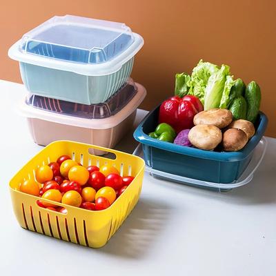 Two-layer Plastic Drain Basket with Cover Is Convenient To Use Sealed Preservation Wash Vegetable Basket Storage Basket